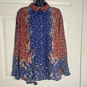 Ronnie Salloway Shirt Women Large Boho Blue Red Floral Print Button Down Rayon